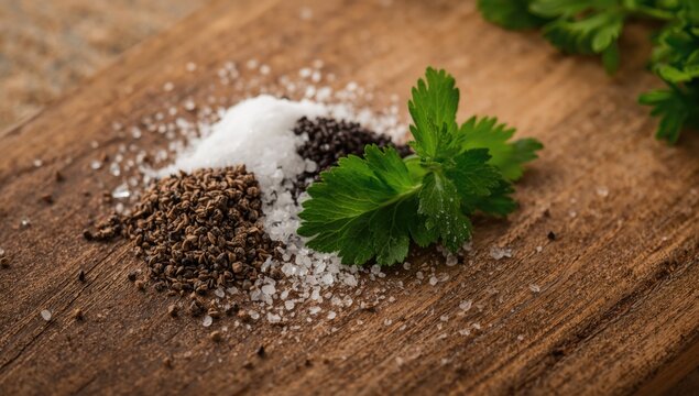 Salt and pepper seasoned parsley and mint herbs spread on textured natural wooden board