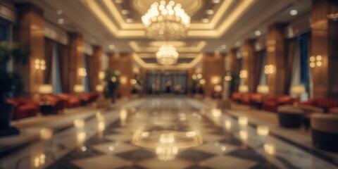 Obraz premium Luxury hotel reception area featuring soft blurred lights suitable for background use