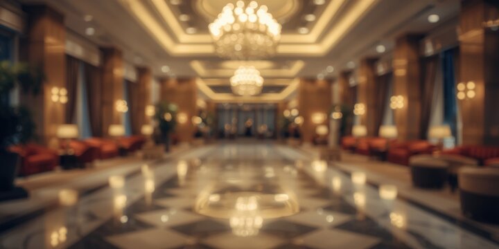 Luxury hotel reception area featuring soft blurred lights suitable for background use