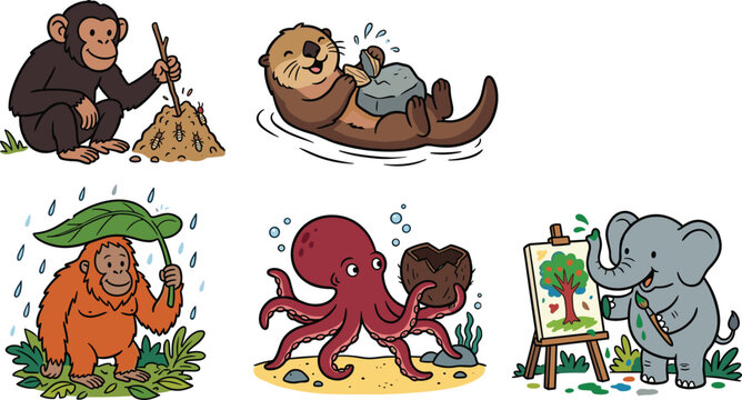 Cute Intelligent Animals Using Tools Vector Icon Set with Chimpanzee, Otter, Orangutan, Octopus, and Painting Elephant Illustrations