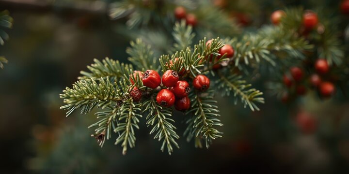 Close-up of Taxus baccata branch with shiny red fruit and fresh green growth