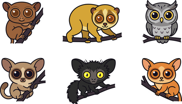 Cute Nocturnal Big-Eyed Animals Vector Icon Set with Tarsier, Slow Loris, Owl, Bushbaby, Aye-Aye, and Fennec Fox Illustrations