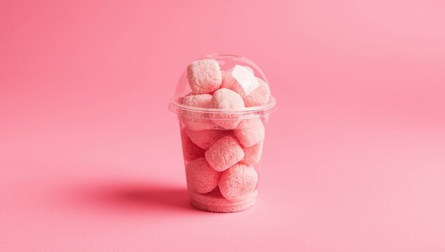 Lively sugar ball mix in clear takeaway cup situated on bright pink backdrop for beverage styling