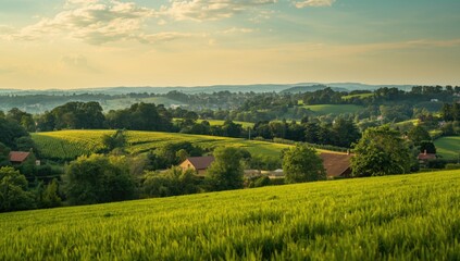 Obraz premium Vivid green rural scenery captured on a warm summer afternoon
