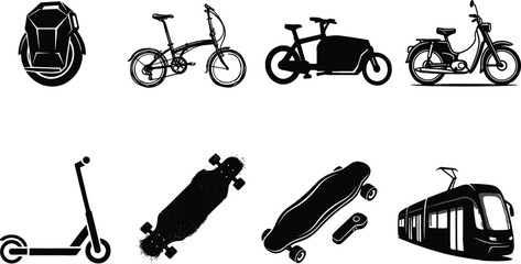 Set of black silhouettes of modern urban personal eco transport vehicles isolated on a clean white background © jamal