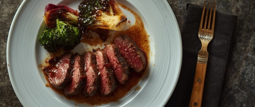 Overhead shot of Brazilian wagyu picanha steaks served with steamed broccoli rabe and roasted radicchio