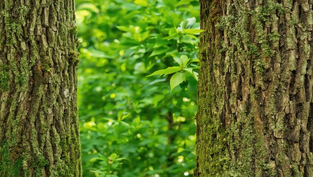 Tree bark rich with moss and lichen textures surrounded by fresh green foliage backdrop