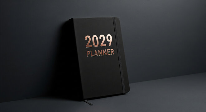 2029 planner. Business planning and goal setting. Elegant black notebook with rose gold lettering.