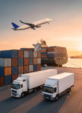 Commercial airplane flying over a busy cargo port with shipping containers, a freighter ship, and two white delivery trucks at sunset representing global transportation and logistics.