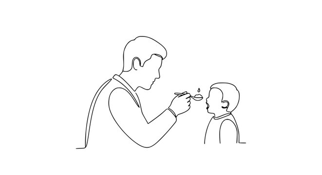 Father feeding medicine to child with spoon, single line drawing