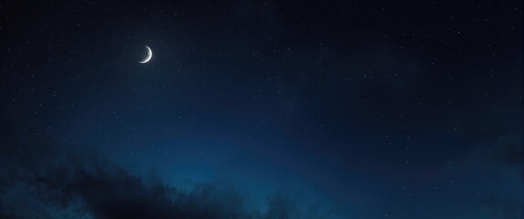 Obraz premium Soothing upward perspective of a crescent moon glowing softly with stars and light wisps of clouds