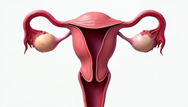 Detailed illustration of female reproductive system anatomy. Shows uterus ovaries and fallopian tubes. Useful for medical education and health awareness topics.