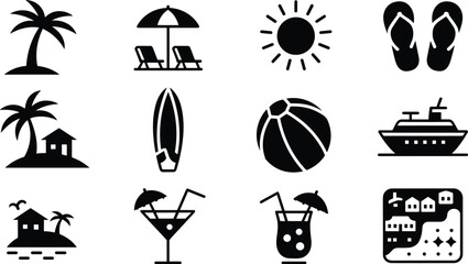 Collection of black and white icons representing beach and vacation themes travel holiday © MdMominur