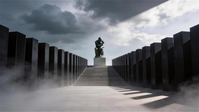 The Philosopher's Path: A solitary statue of a pensive figure sits atop a grand staircase, flanked by imposing dark structures and shrouded in mist, under a dramatic.