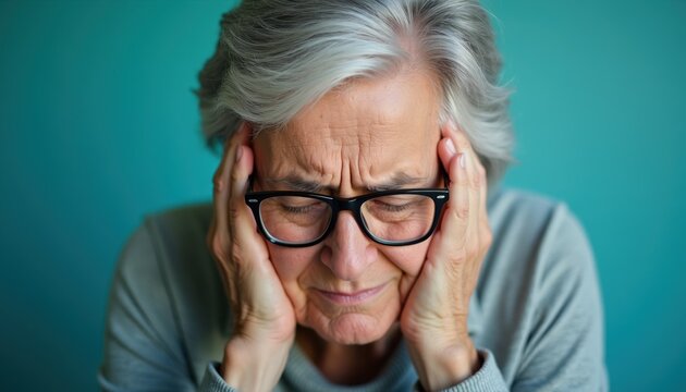 Elderly woman with gray hair and glasses has headache holding her head. She looks stressed and worried with furrowed brow. Woman suffers from migraine pain, needs medical help.