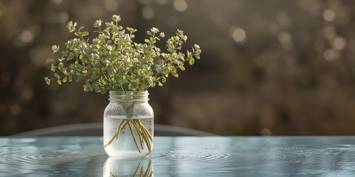 Spring morning scene with white jar holding fresh ruscus branches and water