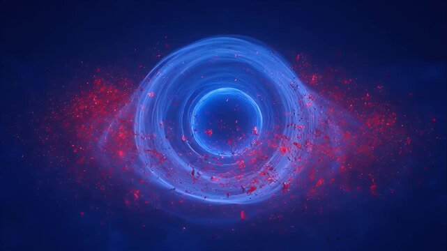 Cybersecurity blue vortex cosmic energy digital storm red glitch particle abstract background with glowing blue orb sphere and blue core neon holographic ring cosmic vortex quantum particle energy