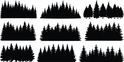 Collection of Nine Black Silhouettes of Pine Tree Forests pine trees © MdMominur