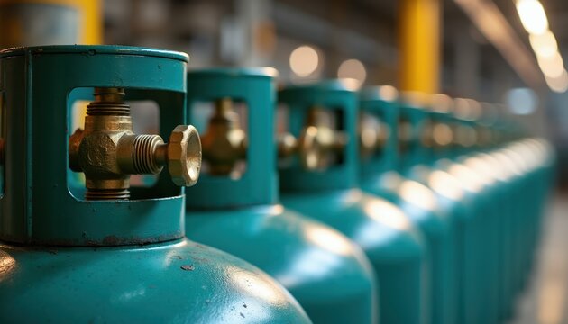 Row of teal lpg gas cylinders stand in warehouse for filling or delivery. Metal propane tanks with brass valves are ready for use. Industrial storage area with lights.