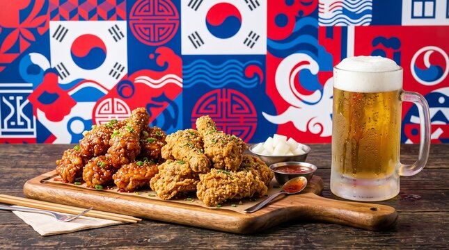 Realistic Korean Fried Chicken and Beer with South Korea Flag Color Wallpaper