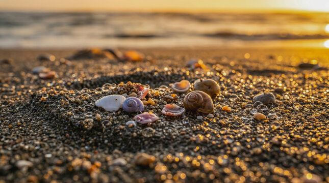close-up of various small seashells and colorful pebbles on wet sand during a golden hour sunset, representing coastal nature, summer memories, and beachcombing treasures