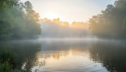 Obraz premium Misty woodland lake bathed in soft morning sun rays