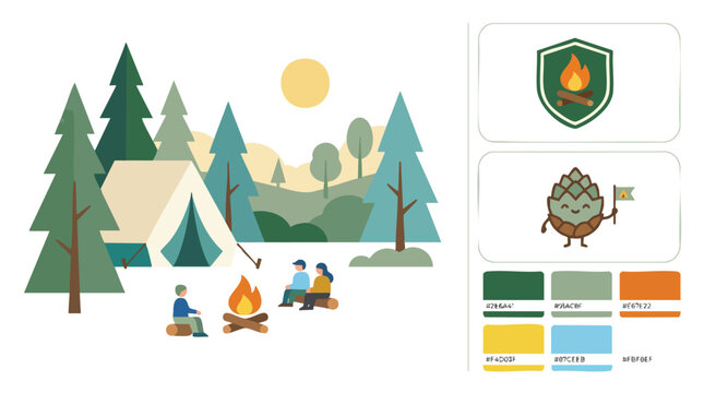 Illustration of a Camping Scene with People Around a Bonfire.