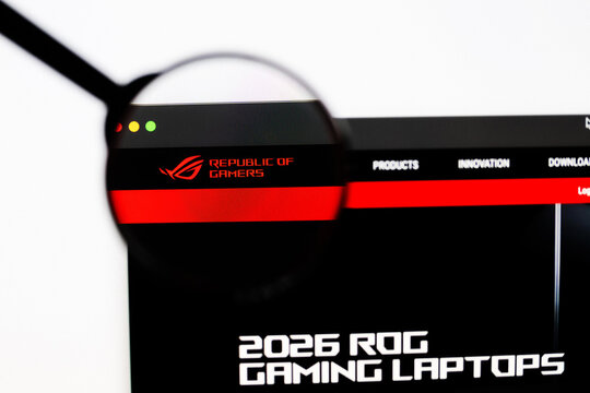 Milan, Italy 2026, 20 Apr Closeup of ASUS ROG website on a laptop screen. ASUS ROG logo under a magnifying glass.