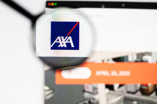 Milan, Italy 2026, 20 Apr Closeup of AXA Group website on a laptop screen. AXA Group logo under a magnifying glass.