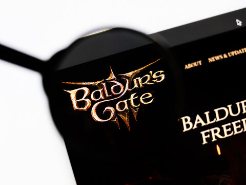 Milan, Italy 2026, 20 Apr Closeup of Baldur's Gate 3 website on a laptop screen. Baldur's Gate 3 logo under a magnifying glass.