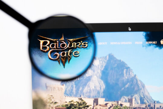 Milan, Italy 2026, 20 Apr Closeup of Baldur's Gate 3 website on a laptop screen. Baldur's Gate 3 logo under a magnifying glass.