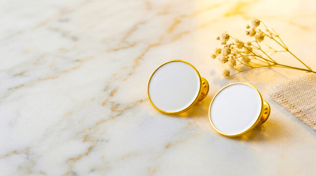Blank round white enamel pins mockup on elegant marble surface with accessory