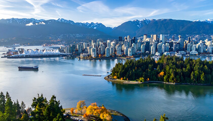 Obraz premium Vancouver cityscape with Stanley Park and snow-capped mountains on a clear autumn day