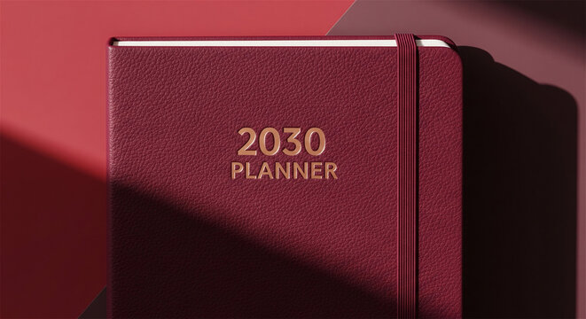Future planning and organization concept. 2030 planner with gold embossed text. Close-up of a burgundy notebook with elastic band.