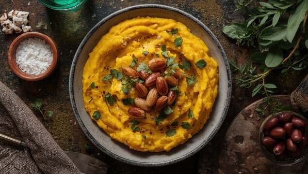 Top perspective on creamy turmeric split pea mash accented with olive oil and herbs