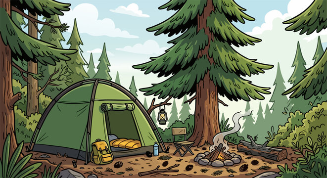 Camping scene in a pine forest with tent and bonfire illustration