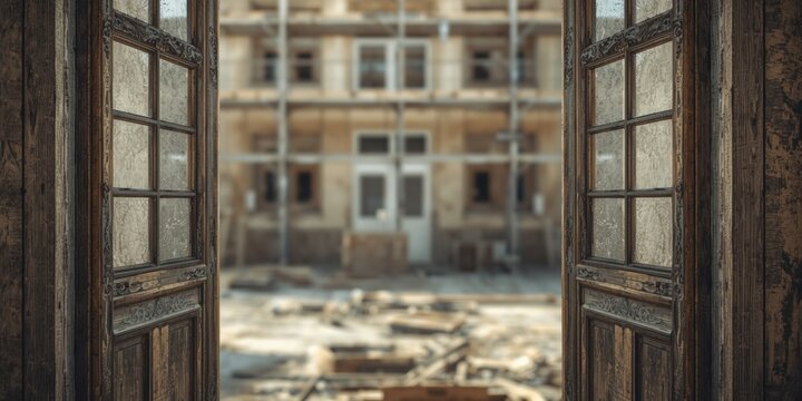 Selective focus on aged wooden windows set against ongoing architectural renovation