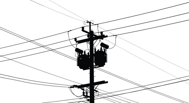 Silhouette of electrical power pole with transformers and wires against white background Keywords: electricity, power, pole, transformer
