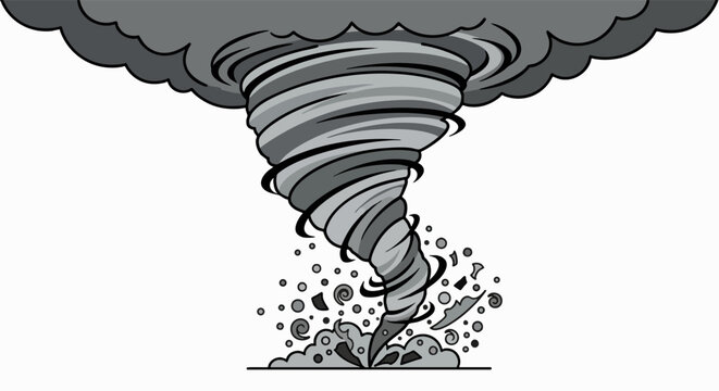 Tornado illustration with swirling clouds and debris