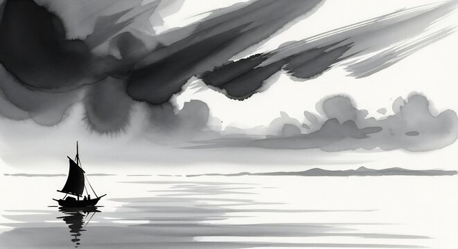 Ink Wash Painting of a Solitary Sailboat on a Vast Stormy Sea.