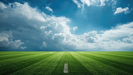 Obraz premium Neatly trimmed green grass soccer field under a dynamic cloudy blue sky with ample copy space