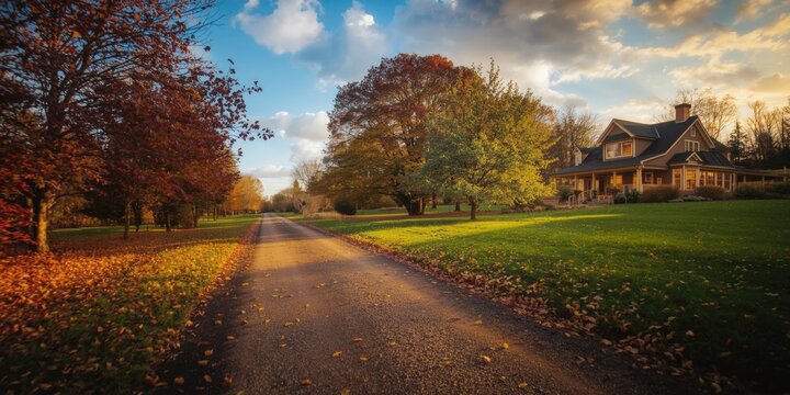 Scenic early fall pathway leading to a house under a vibrant sky