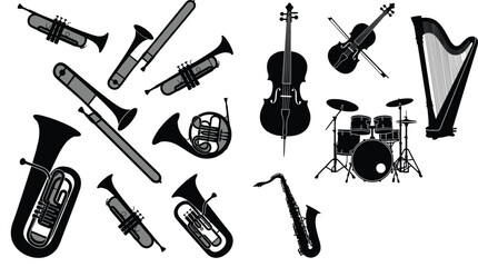 Musical instruments vector silhouette set orchestra brass and strings collection trumpet trombone tuba cello violin drum kit saxophone icons pack isolated on white background © MdShoriful