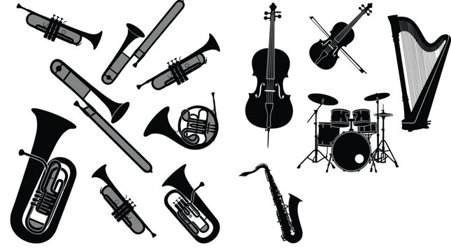 Musical instruments vector silhouette set orchestra brass and strings collection trumpet trombone tuba cello violin drum kit saxophone icons pack isolated on white background