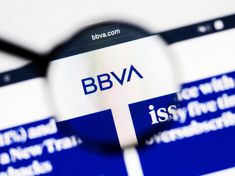 Milan, Italy 2026, 20 Apr Closeup of BBVA-Banco Bilbao Vizcaya website on a laptop screen. BBVA-Banco Bilbao Vizcaya logo under a magnifying glass.