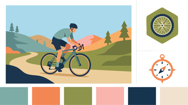 Man cycling on a winding road through a scenic landscape with hills and trees.