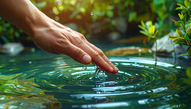 Hand touching clear water creating ripples in a lush green natural pond, sunlight filtering through leaves