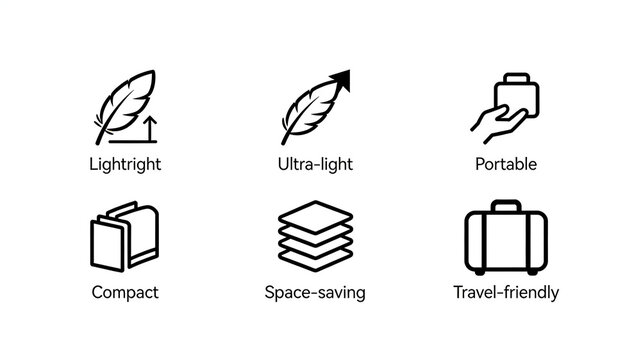 Feathers, luggage, and stacking icons represent lightweight, portable, compact, and space saving designs, suitable for travel items and digital accessories.
