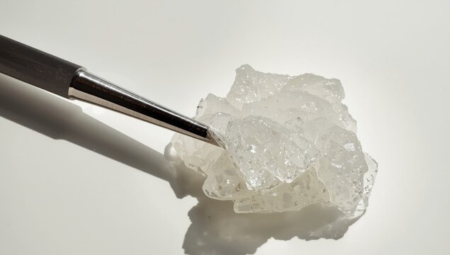 White cannabis resin diamond concentrates captured with a titanium dab tool in natural light
