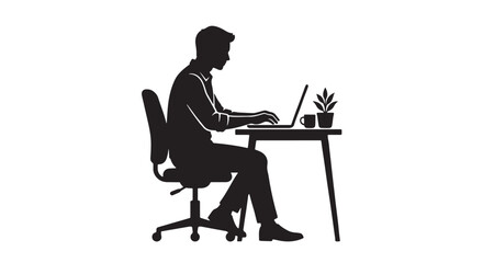 Fototapeta premium Black and white premium silhouette vector of an office worker using laptop, isolated, remote work concept, modern minimalist stock illustration